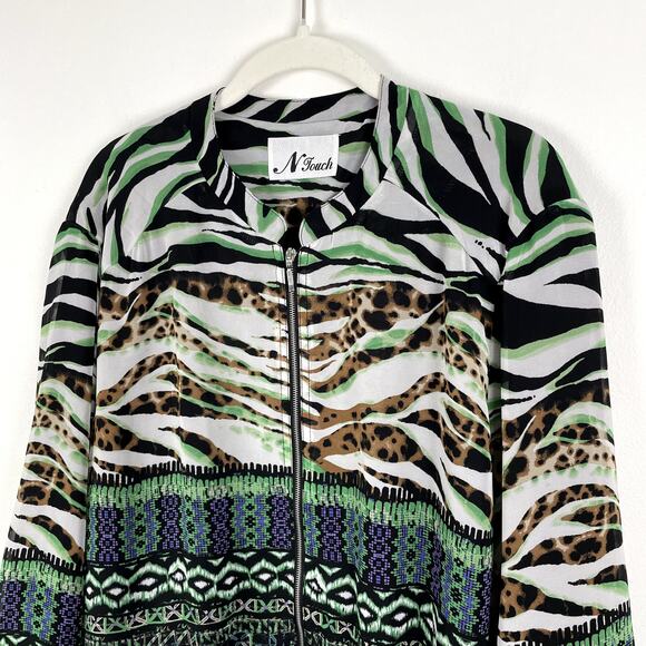 Vintage N Touch Full Zip Jacket Women XLP Green Funky Abstract Print Silky Retro - Picture 3 of 13
